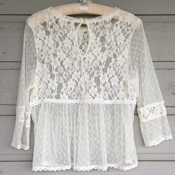 FREE PEOPLE BOHO IVORY/OFF WHITE MODERN ROMANCE SHEER LACE TOP - Picture 3 of 13